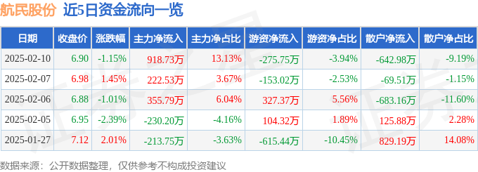 航民股份（600987）2月10日主力资金净买入91873万元